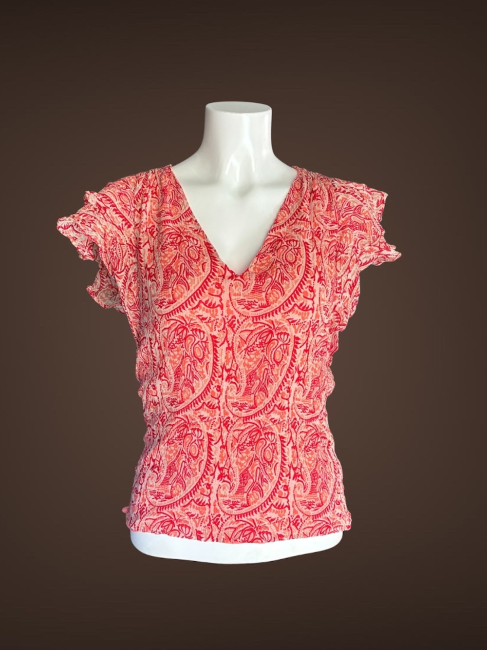 Women's Ramy Brook Red & Orange Paisley Top, 100% Silk, Size Small